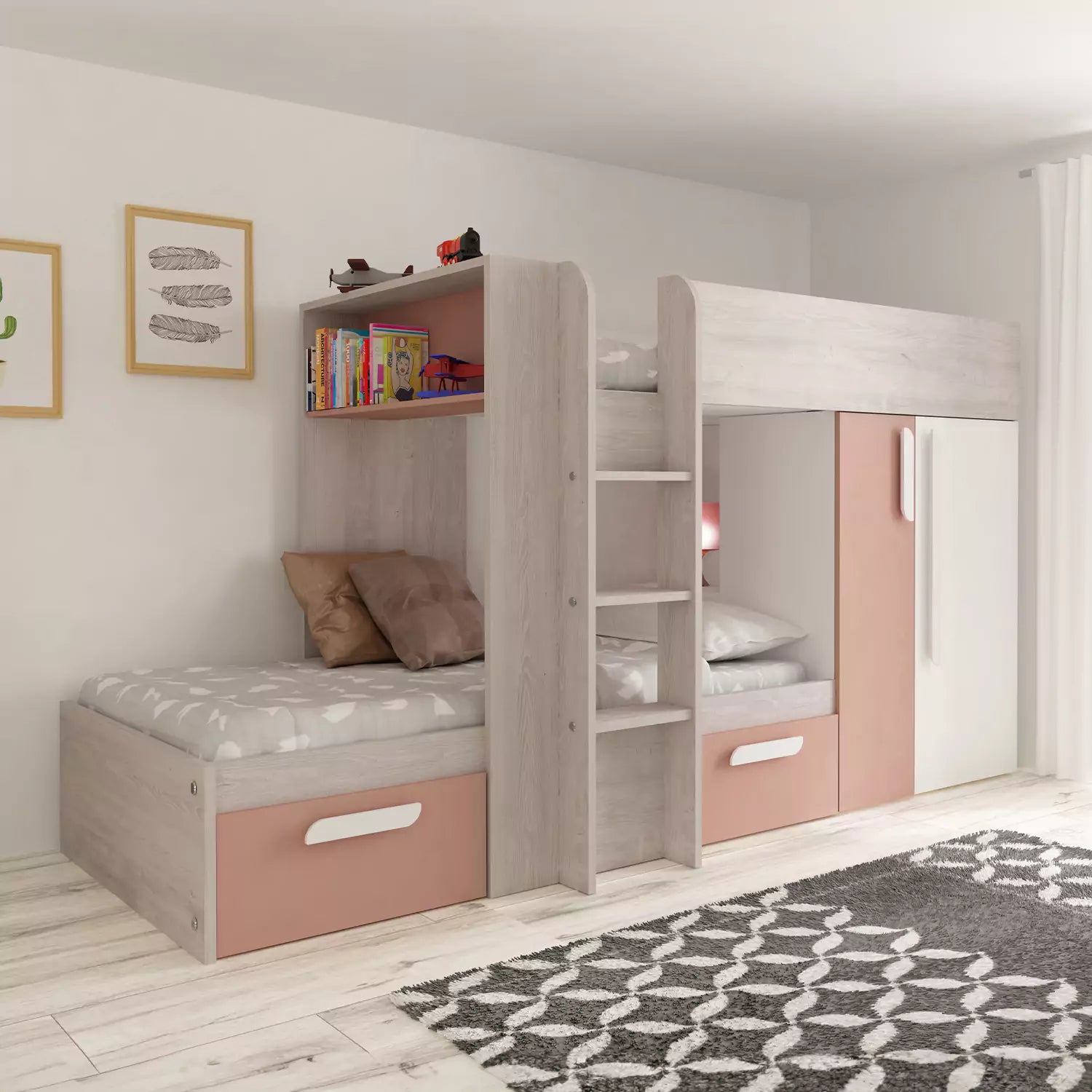 An image of Trasman Barca Bunk Bed with Storage Drawers & Wardrobe - Pink