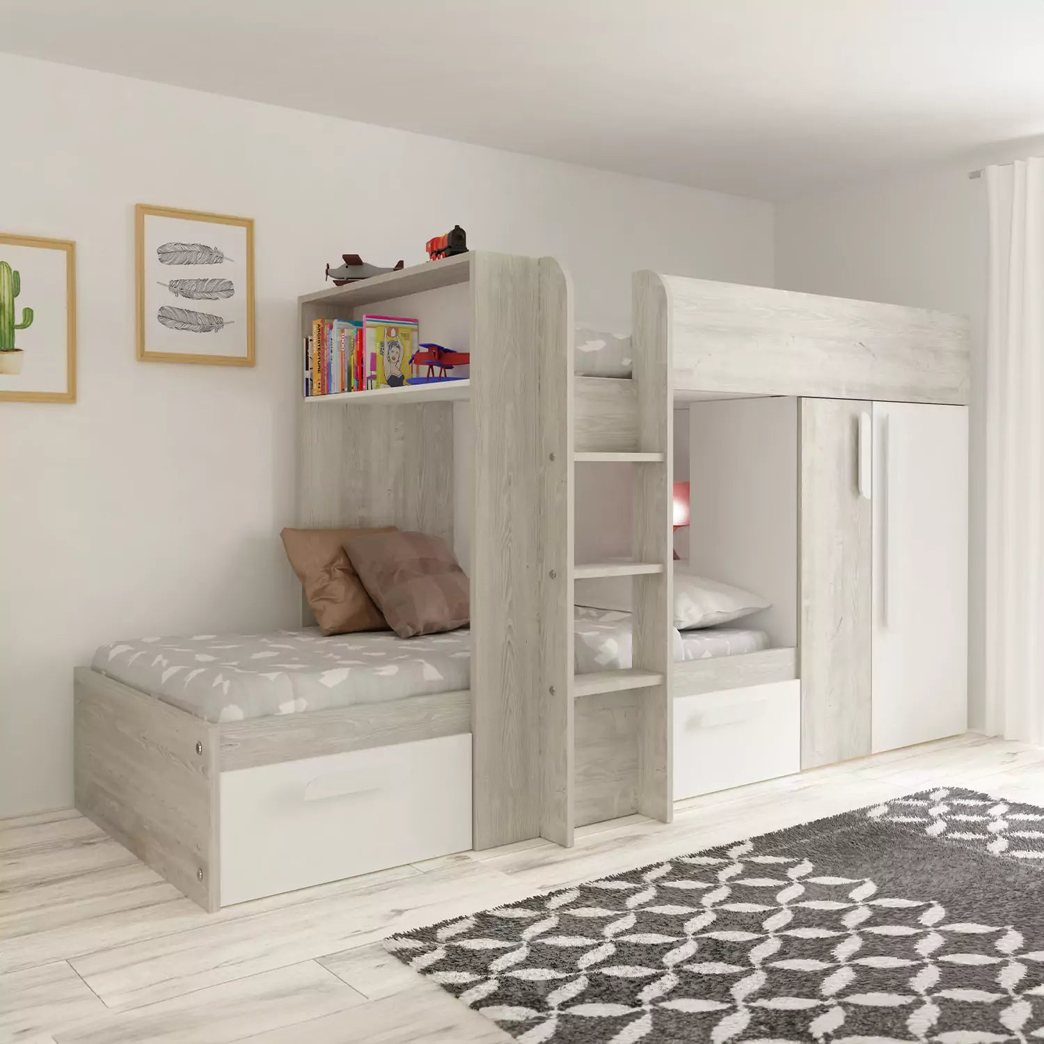 An image of Trasman Barca Bunk Bed with Drawers & Wardrobe - White