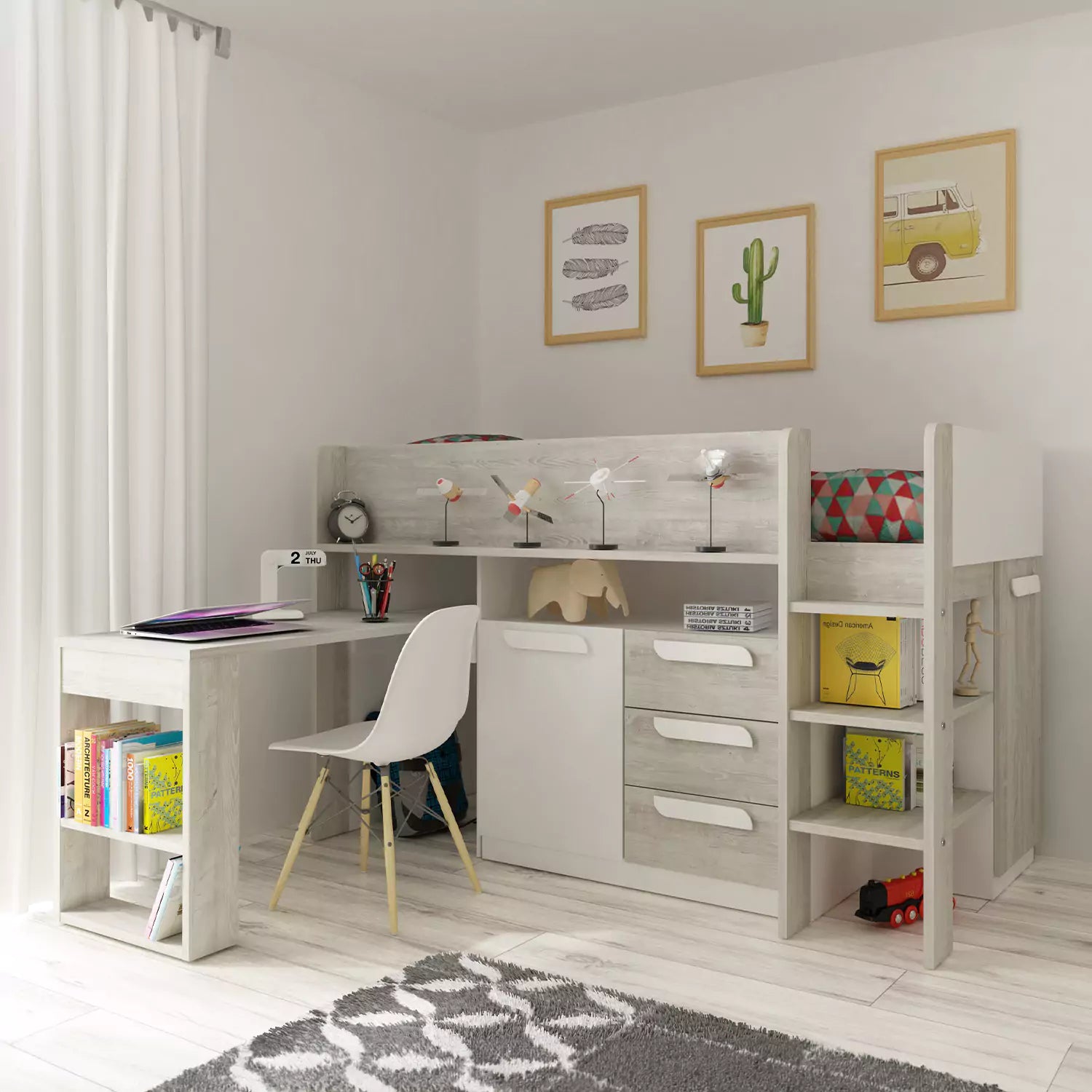 An image of Girona Mid Sleeper Bed with Desk & Drawers - White