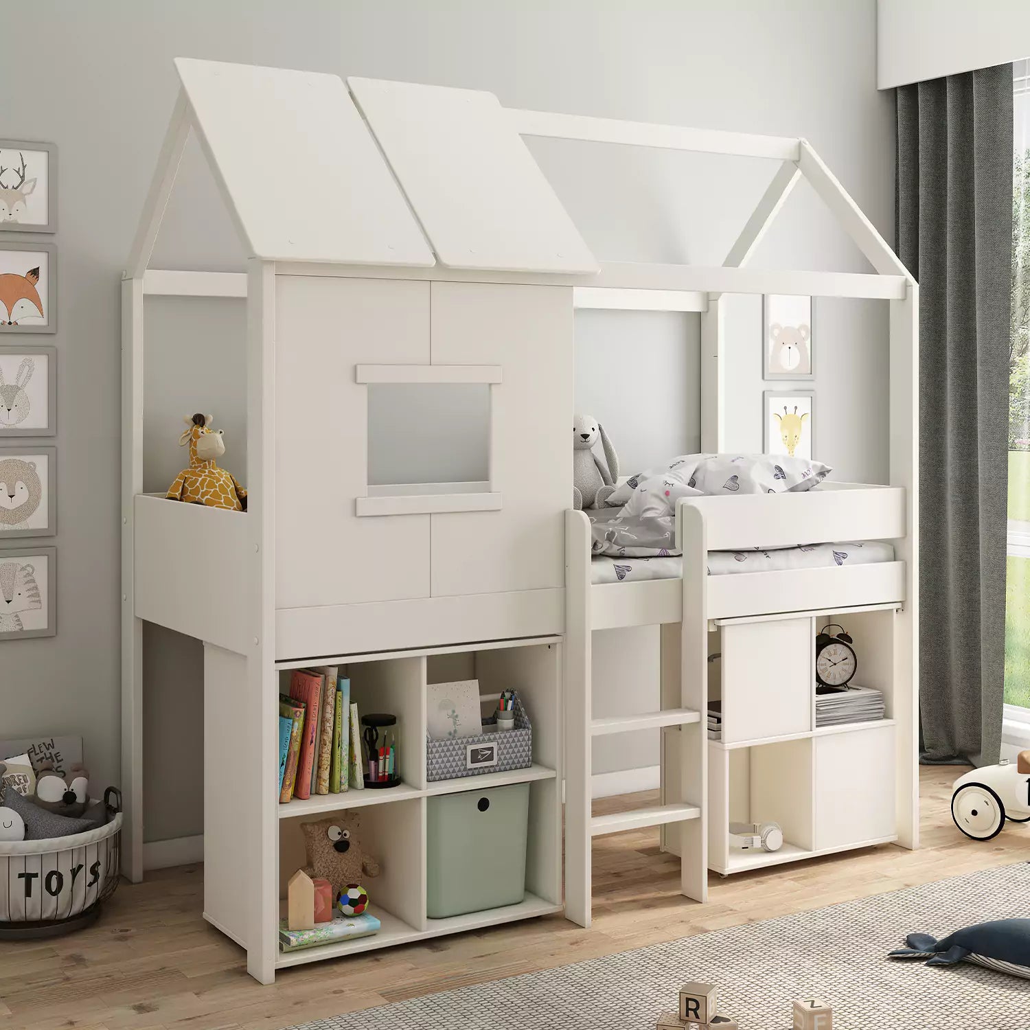 An image of Buy Ordi 4 Midi Playhouse Mid Sleeper Bed with Desk & Cube