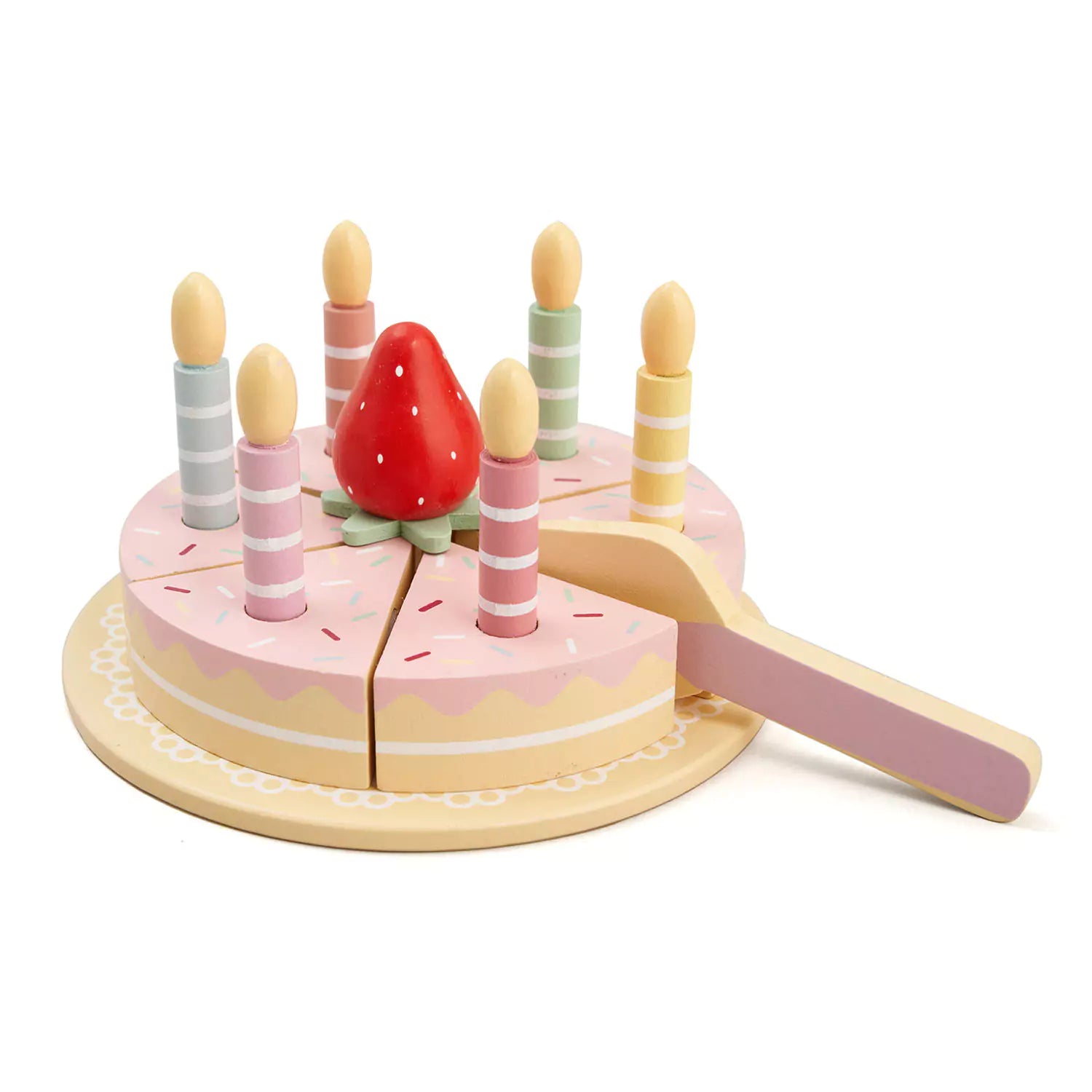 An image of Pink Wooden Birthday Cake Toy (with Candles & Slicer)