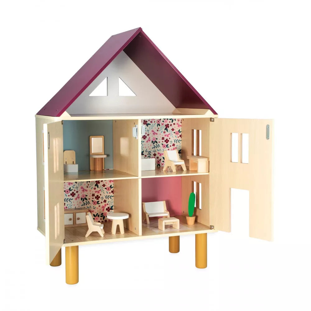 An image of Wooden Dollhouse With Accessories - Floral Design
