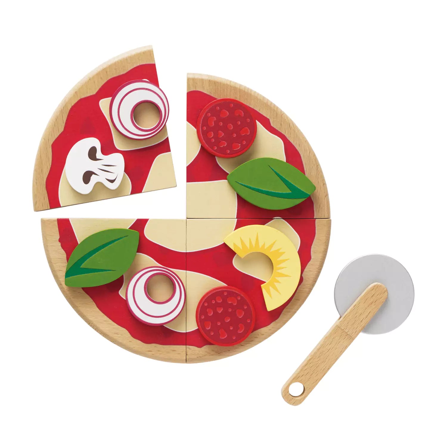 An image of Wooden Pizza Toy With Toppings & Cutter