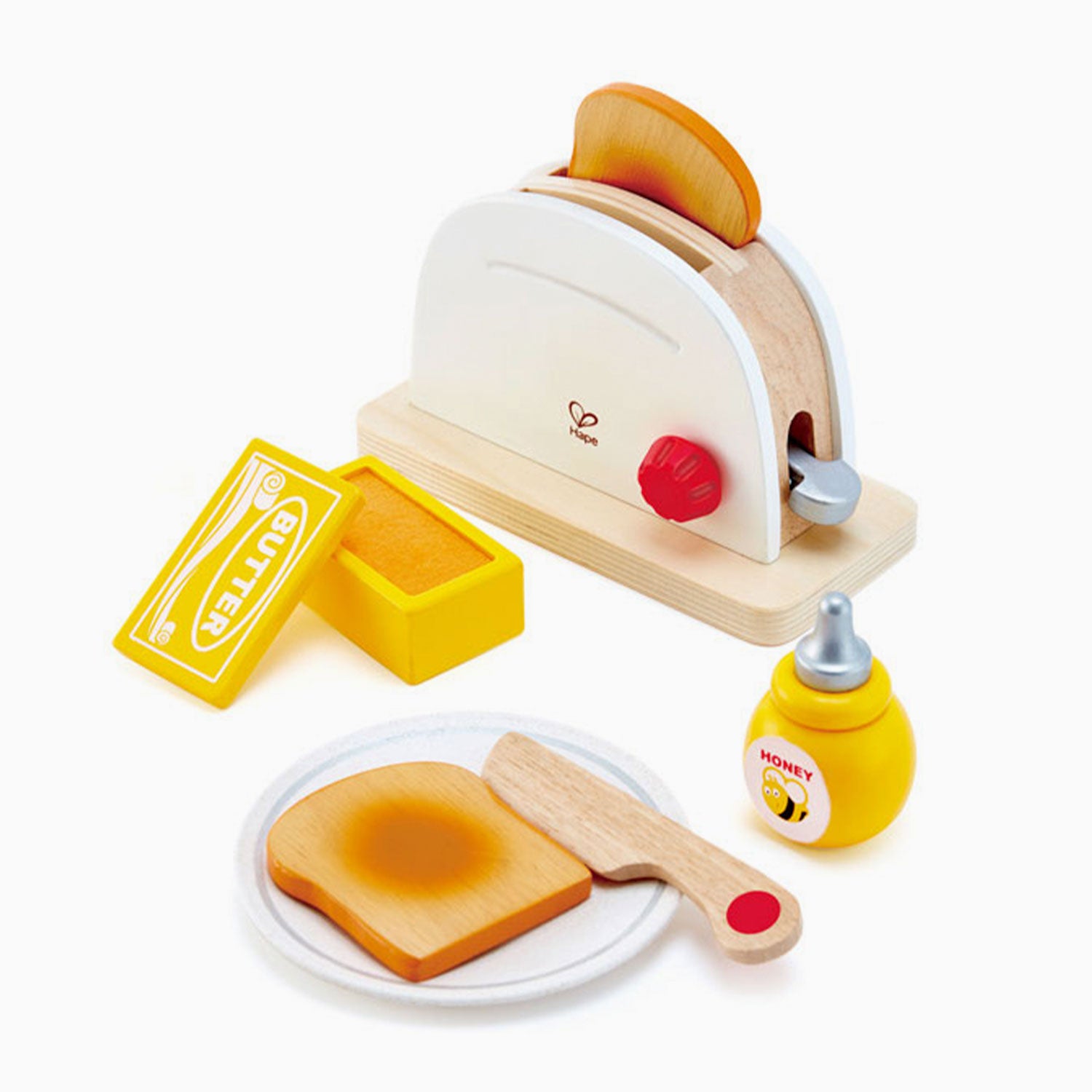 An image of Pop-Up Toaster Set - 7 Pieces - Pretend Toaster - Wooden Toys | Hape