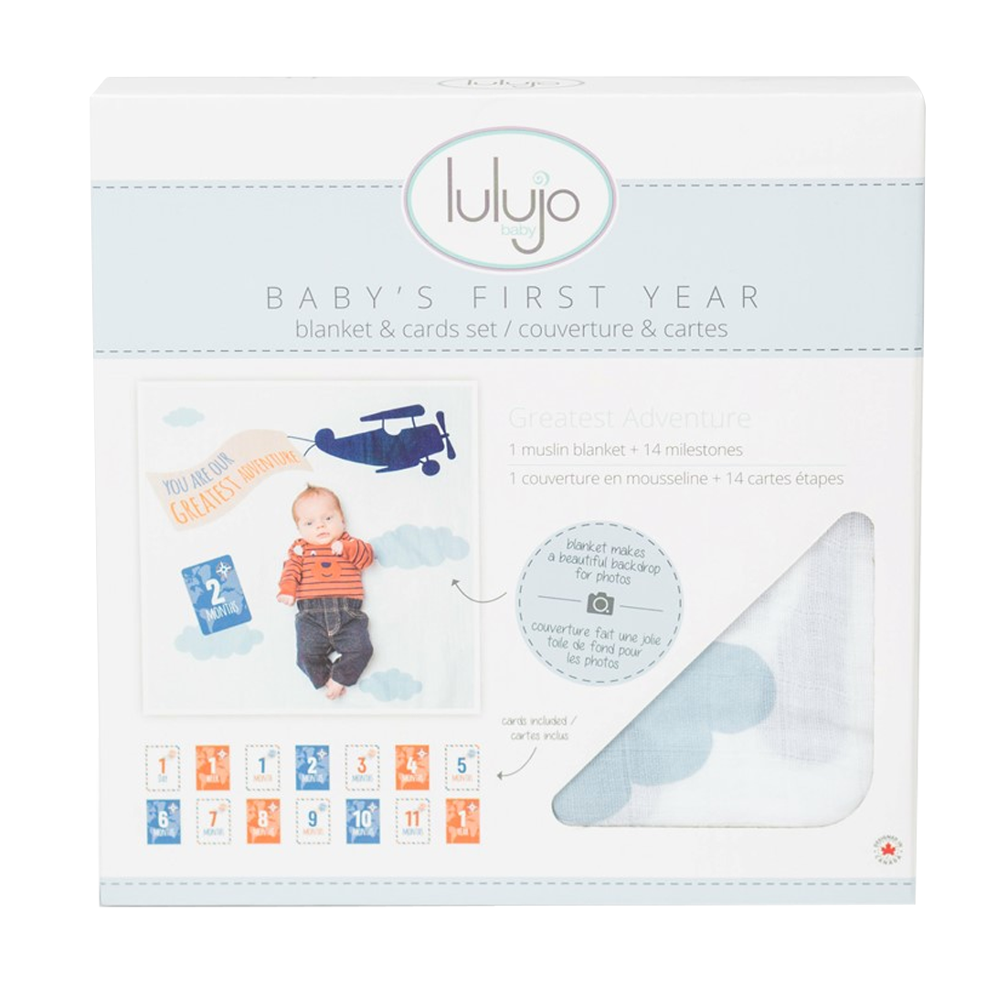 An image of Lulujo Baby Milestone Blanket and Card Set - Greatest Adventure