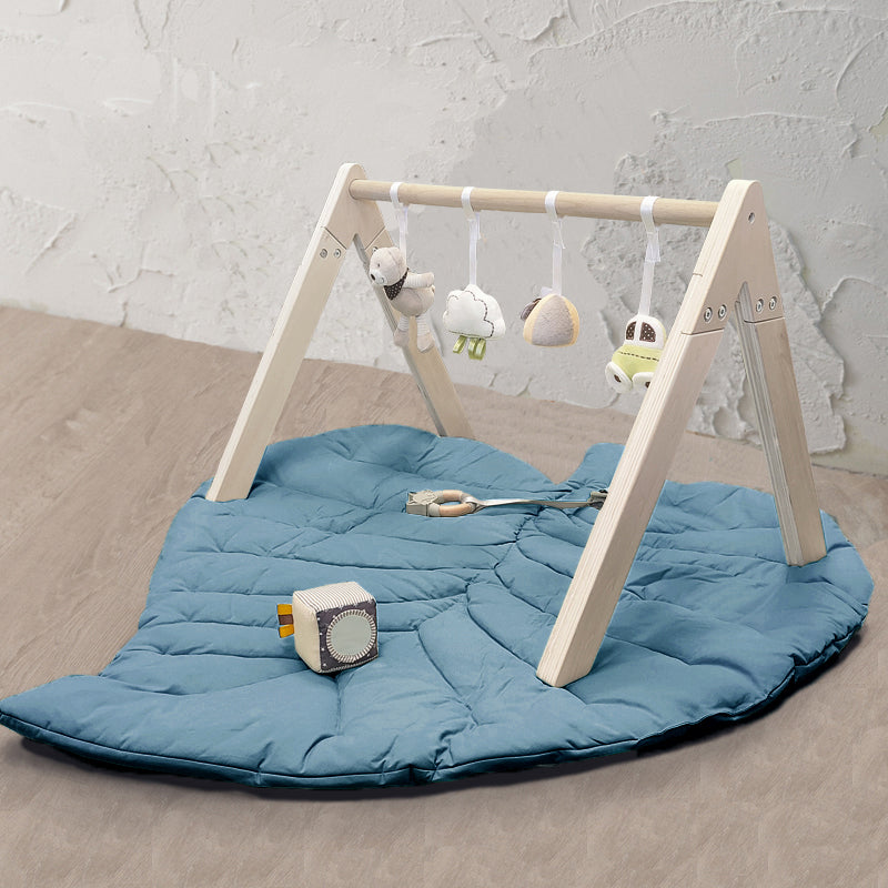 An image of Wooden Play Gym with Toys and Leaf Playmat Set - Blue