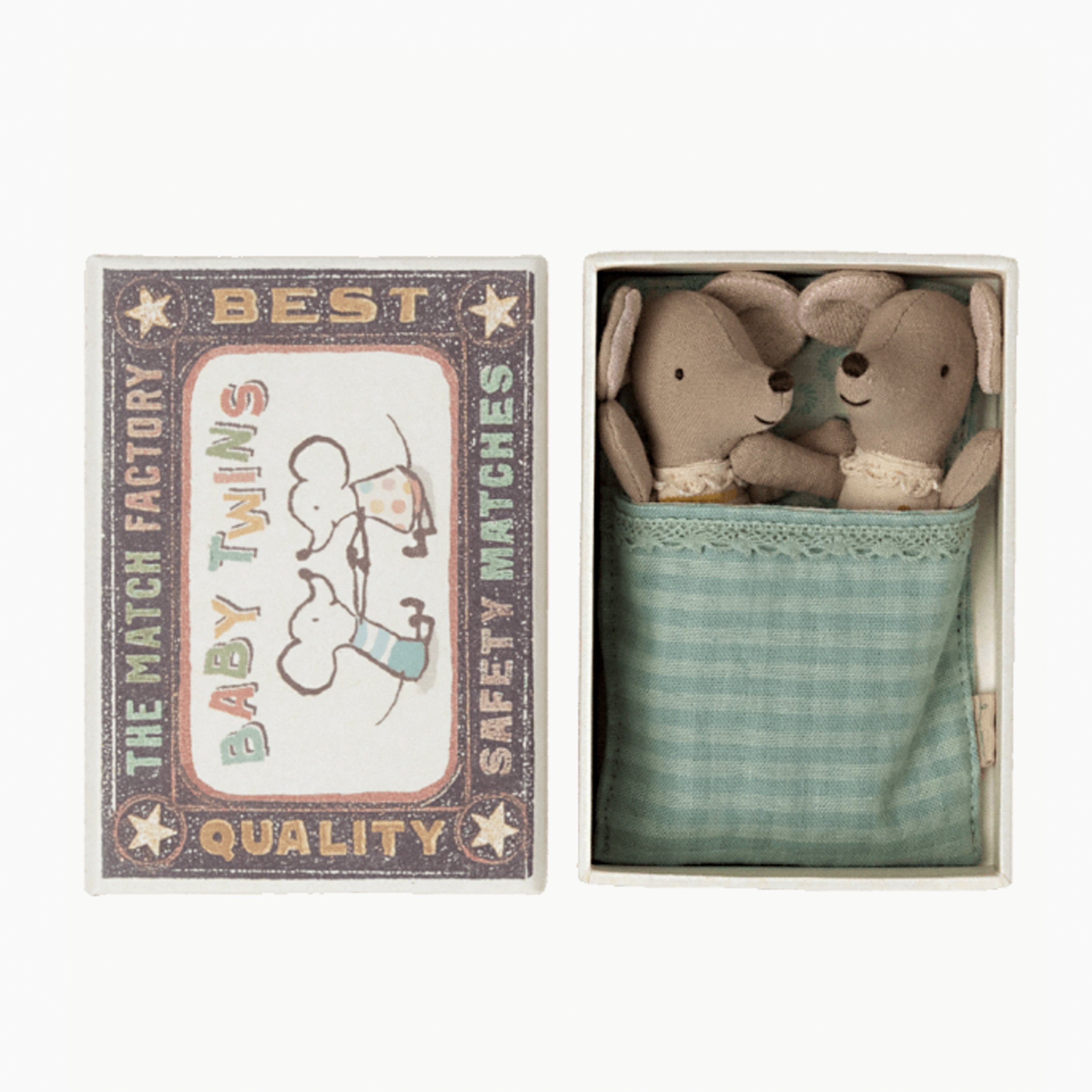 An image of Maileg Baby Twins Matchbox Mouse - Boxed With Bedding - Soft Toy | Maileg