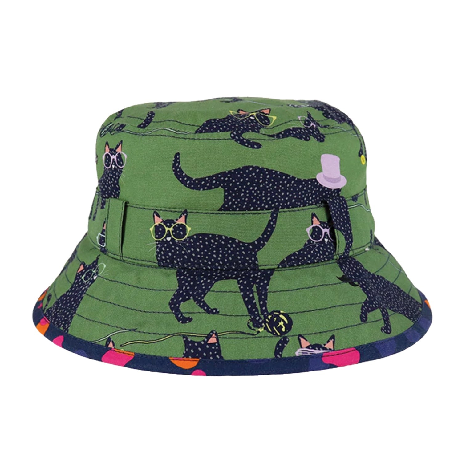 An image of Little Hotdog Watson Kids Bucket Hat - Fun Green Cat Print 3-5Y (53CM)
