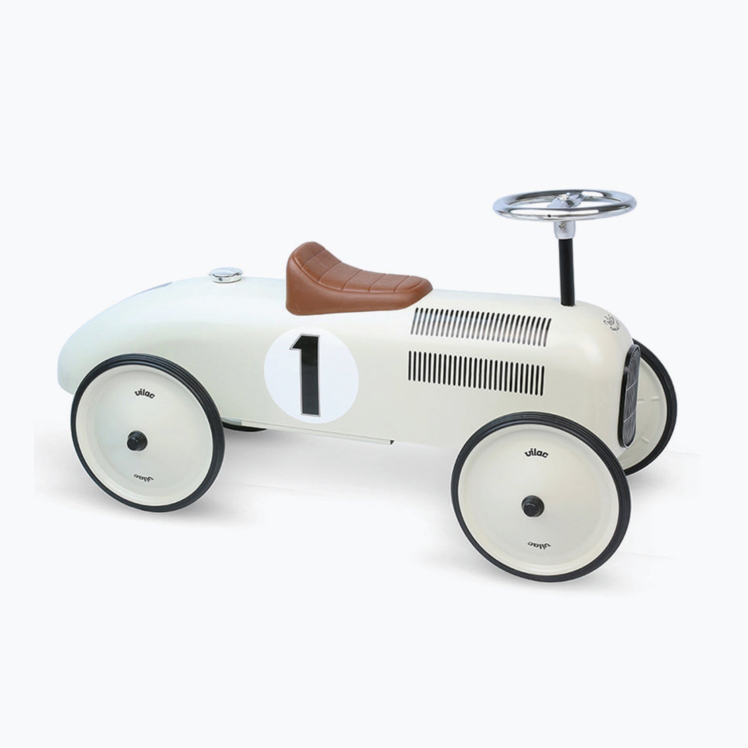 An image of Vilac Vintage Ride On Car - Classic Metal Ride-On Vilac Car Off White / Cream
