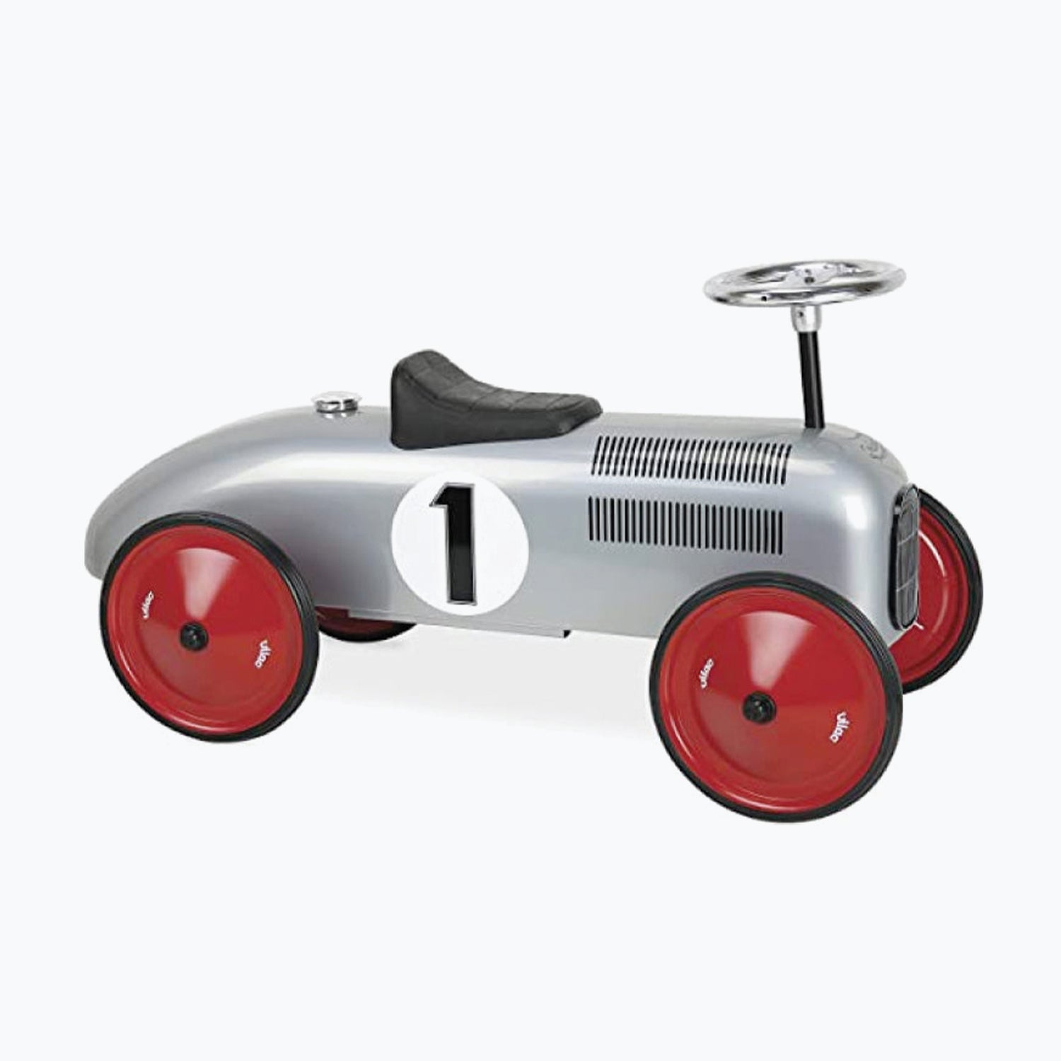 An image of Vilac Vintage Ride On Car - Classic Metal Ride-On Vilac Car Vintage Grey Metal