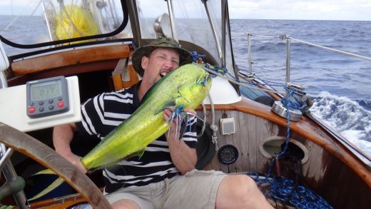 Brian Robinson Dorado hooked on a sail boat.