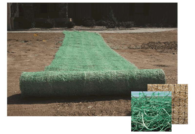 Green colored Erosion Control Blanket being rolled out on the side of road