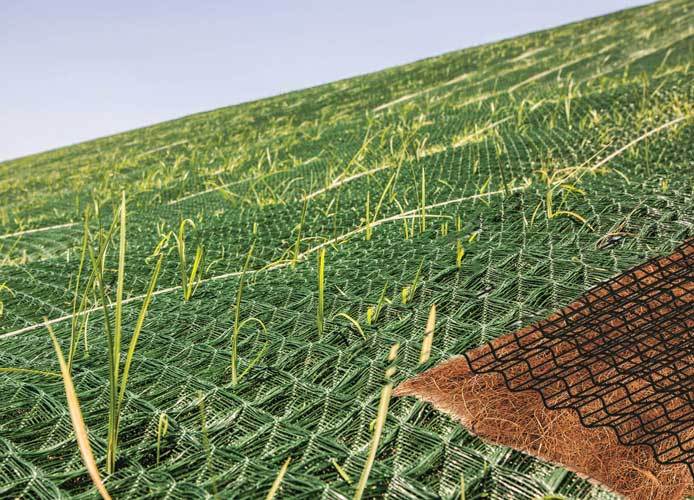 Turf Reinforcement Mat on an embankment with grass growing through