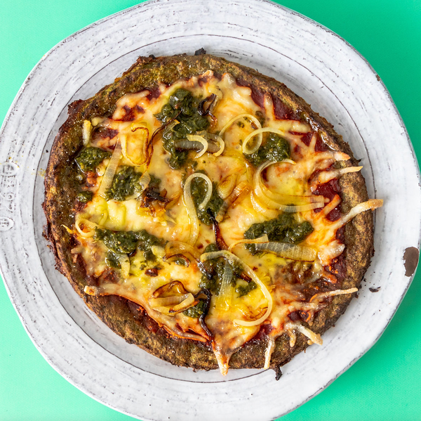 Keto-Friendly Shallot, Mozzarella, and Pesto Broccoli Crust Pizza
