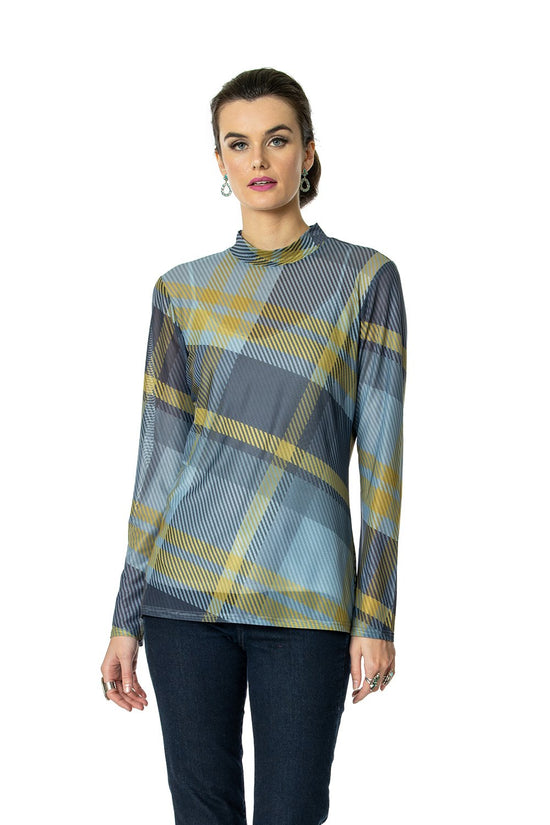 Load image into Gallery viewer, DDR Rodge Plaid Sheer Long Sleeve Mock Neck Tee 6Whiskey six whisky Taos Collection T3394
