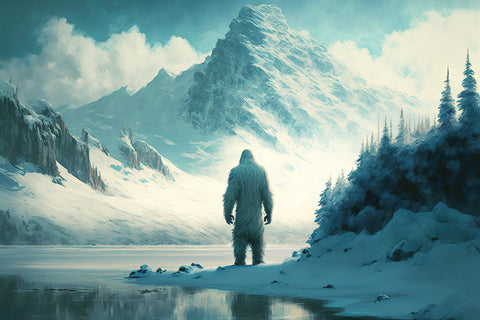 A view of a Bigfoot-type creature standing on the shore of a lake in the middle of high, snowy mountains to illustrate Eternal Fascination Bigfoot, Oregon & the Pacific Northwest.