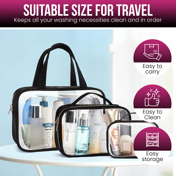 Transparent Travel Bags Set - Pink or Black 1