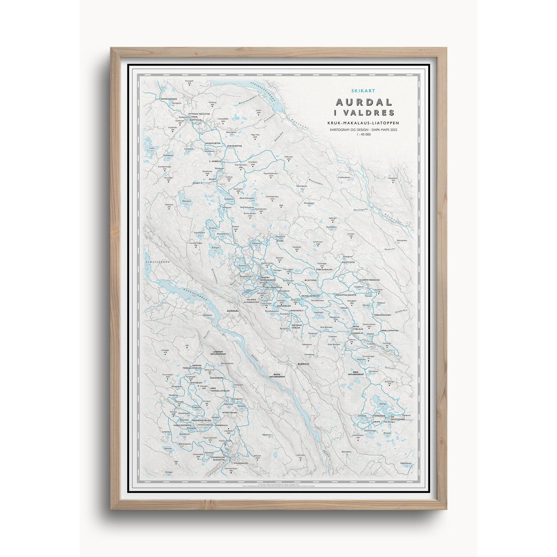 Skikart Aurdal i Valdres (50x70 cm) - Hyttefeber.no, Uten ramme