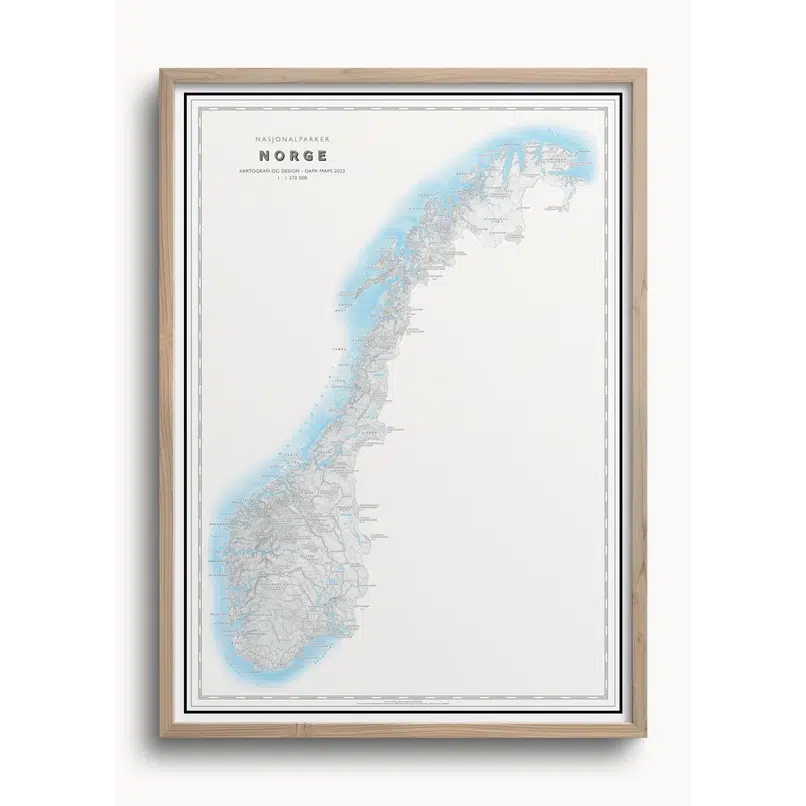 Bilde av Norgeskart Med Nasjonalparker (50x70 Cm) - Hyttefeber.no, Med Ramme