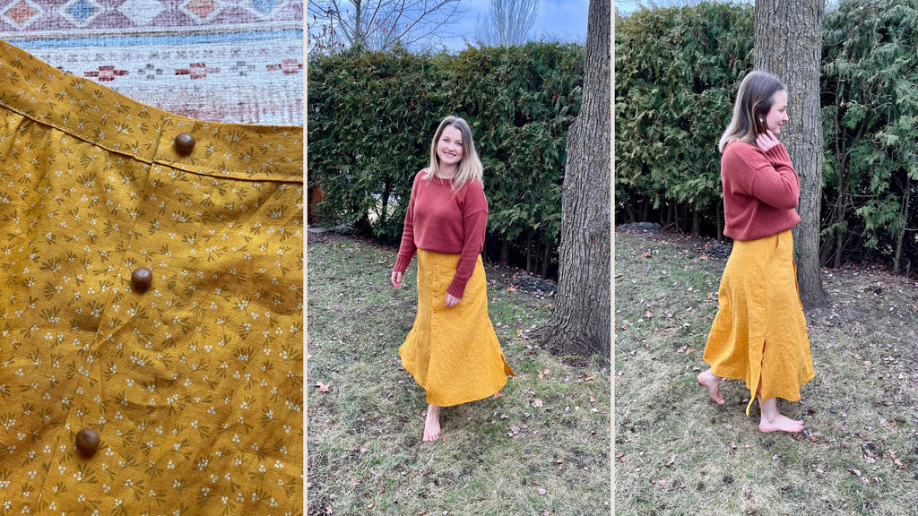 making a  linen skirt with Yellow Golden Linen fabric and sewing pattern