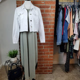 Sage Halter Maxi Dress with Bebe White Jean Jacket