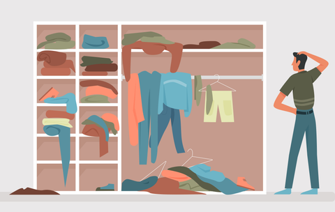 Illustration of a man looking distressed in front of an overfilled and unorganized closet