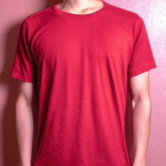 A Man Wearing a Red Polyester T-Shirt