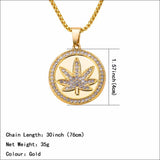 Hip Hop Bling CZ Stone Weed Leaf Round Pendant Necklace - 420 Mile High
