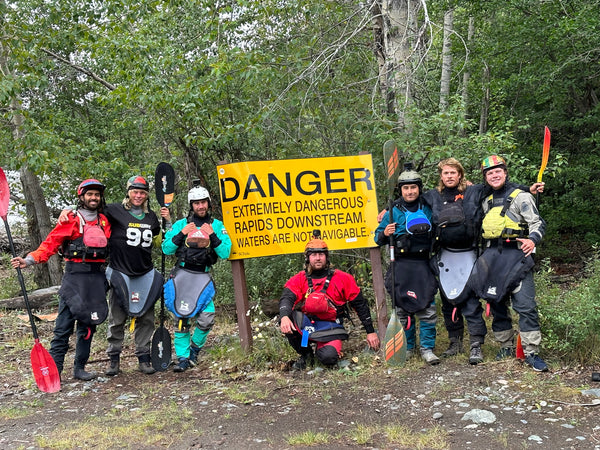 Classic Group photo of the Stikine River Warning Sign for the dangerous rapids downstream