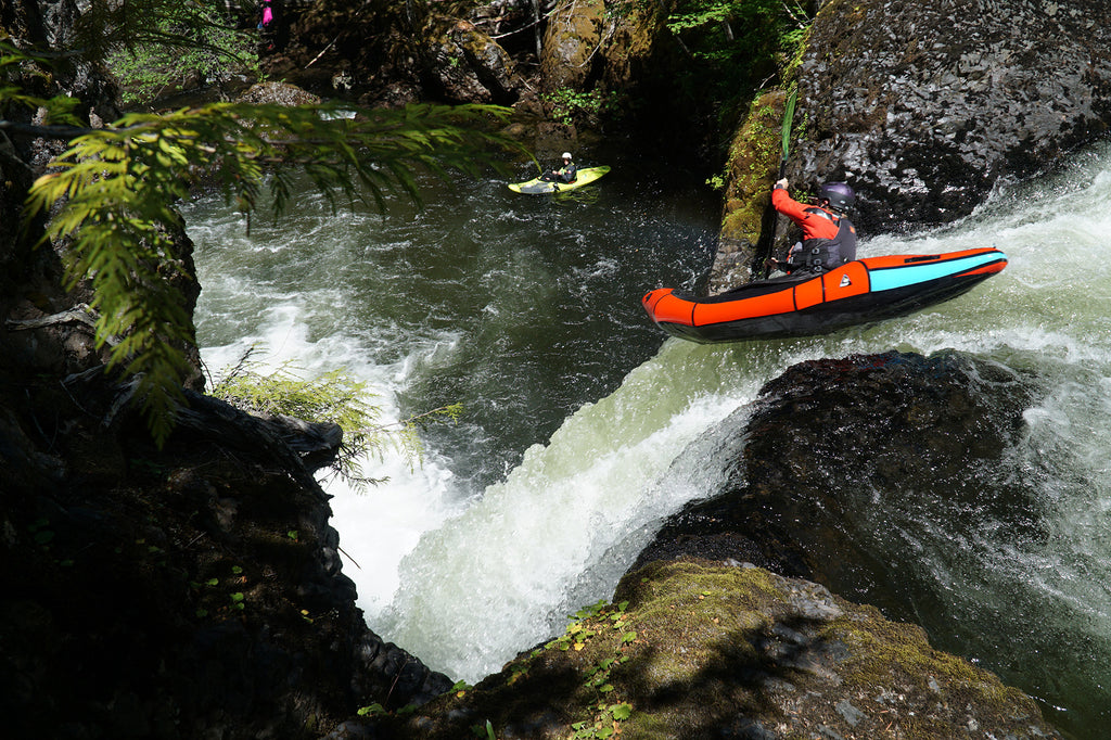 Packrafter Niko Peha paddling a waterfall on the Salmon River Gorge in Orgeon.