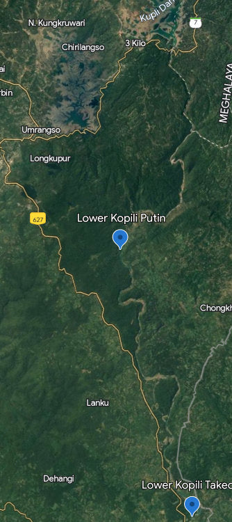 Screenshot of Google Earth Map showing to starting and end points of the the paddler's Kopili River Trip