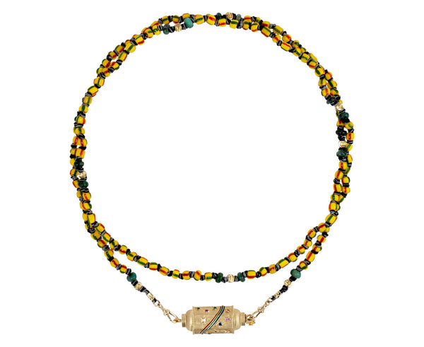 Marie Lichtenberg Long Yellow and Red Mauli Ghana Beaded Necklace