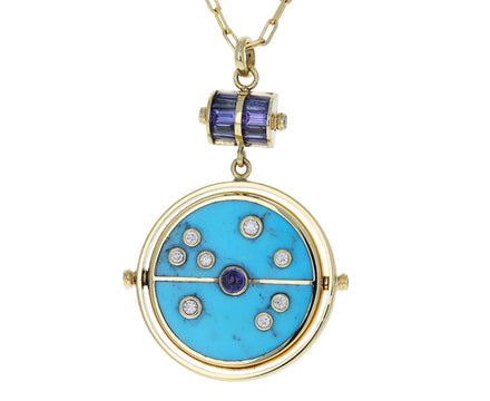 Turquoise, Tanzanite and Diamond Grandfather Compass Pendant Necklace
