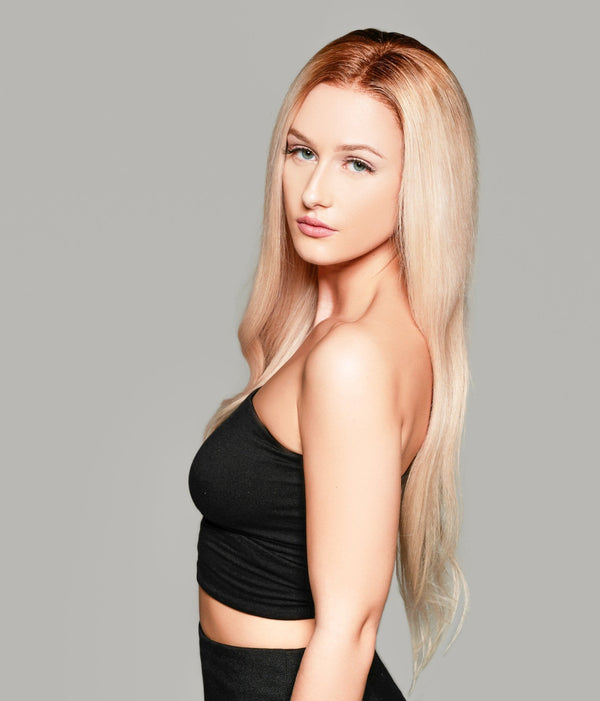 'Trophy Wife' Human Hair Wig | Pale Blonde Luxury Wig with Brown Roots | Essence Luxe Couture Wigs