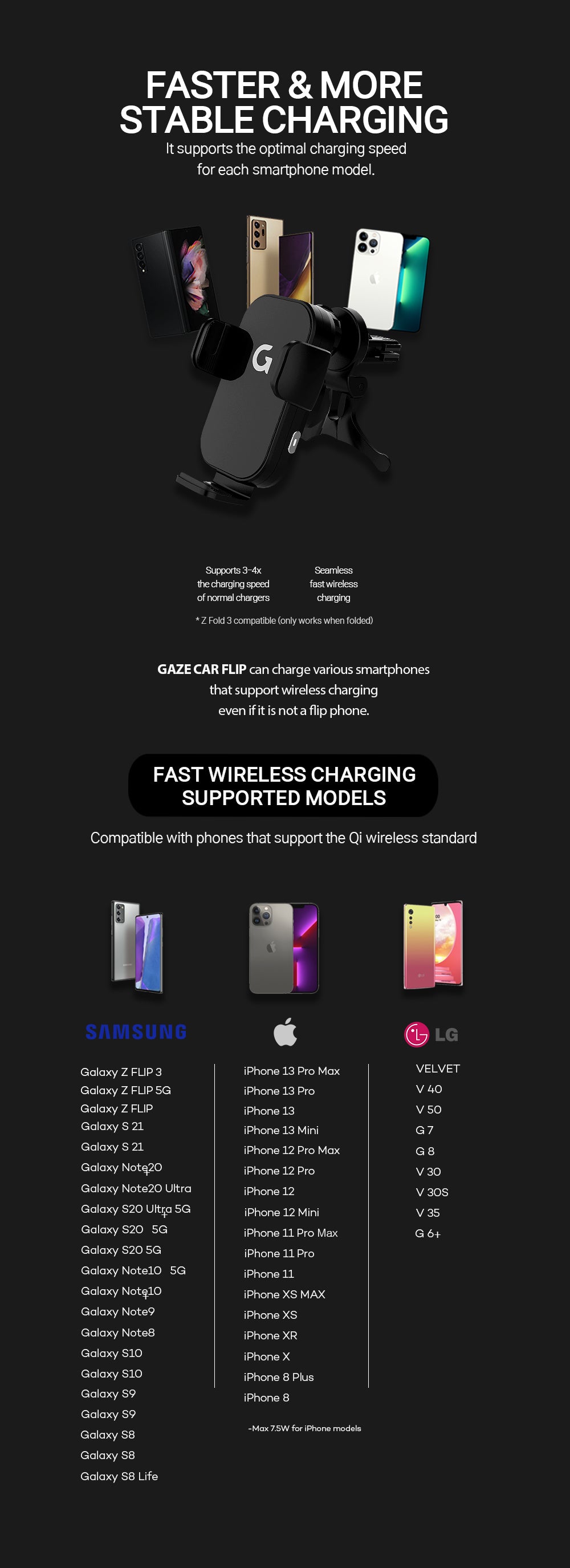 Supports all Qi-standard smartphones, and has wide range of compatibility. 15W fast charging available.