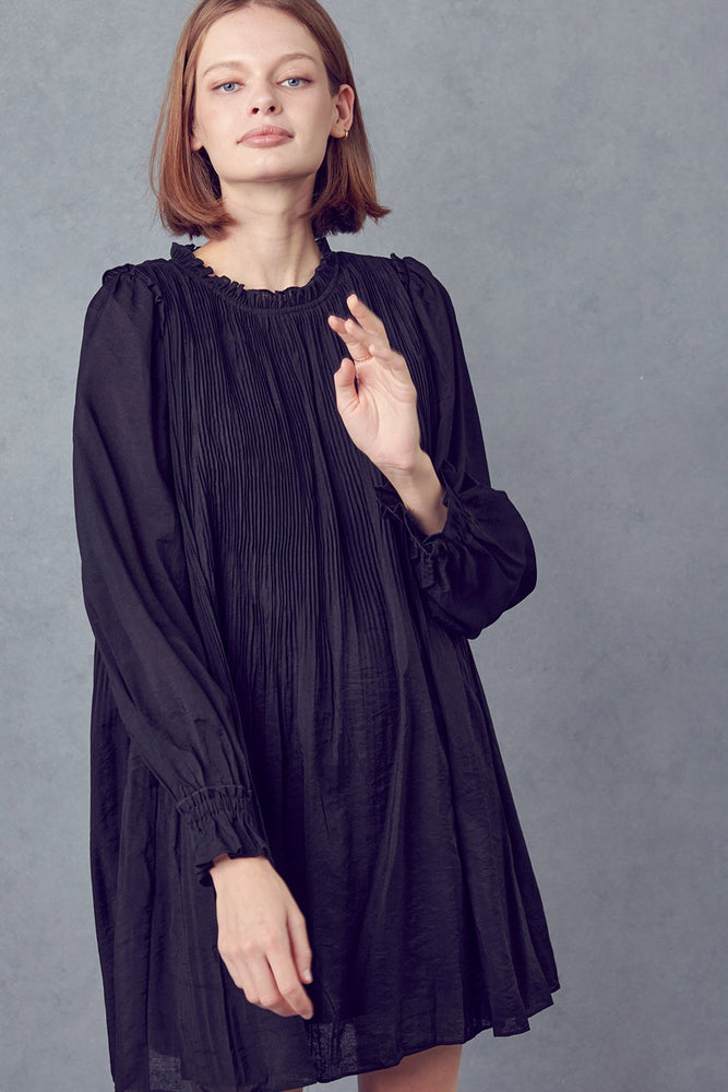 Pintuck Pleated Long Sleeve Mini Dress