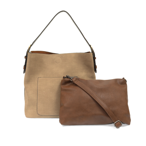 
                
                    Load image into Gallery viewer, Taupe Linen Hobo With Coffee Handle Handbag
                
            