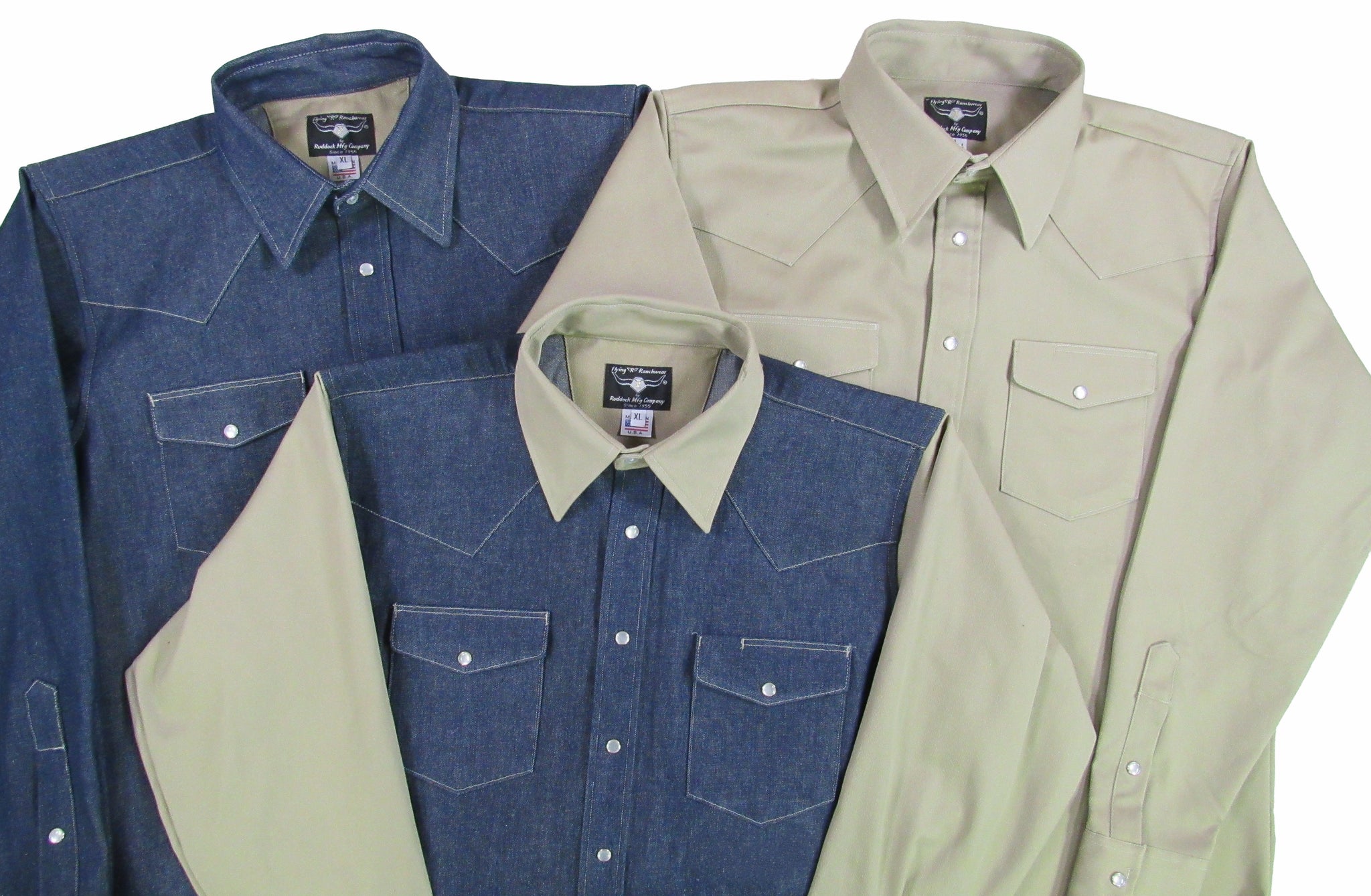 Group of Prairie Twill long sleeve shirts by Flying R Ranchwear Made in USA with snaps