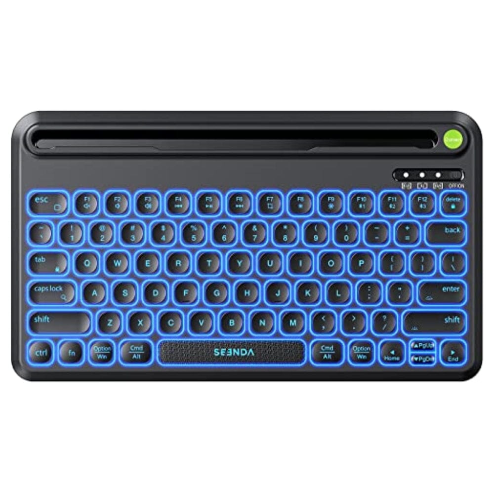 لوحة مفاتيح بلوتوث متعددة الأجهزة من سيندا seenda Multi-Device Bluetooth Keyboard - Light Up Wireless Keyboard with Phone/Tablet Holder, Rechargeable Tablet Keyboard Compatible for iOS, Mac OS, Windows, Android Devices - Black