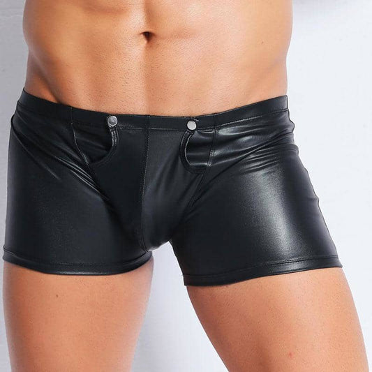 Open Me Faux-Leather Boxer Shorts With Back Zipper For Men • Free Shipping