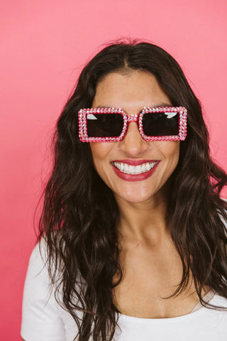 hot pink rhinestone rectangle sunglasses