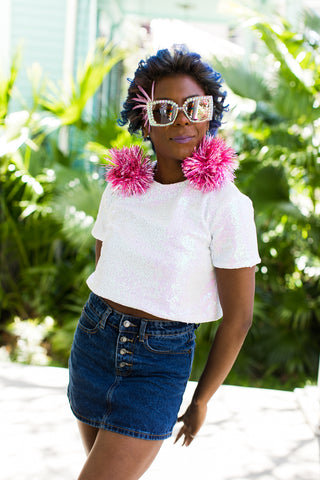 Sequin Crop top and pom pom earrings