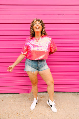 Pink sequin crop top, summer outfit inspiration 