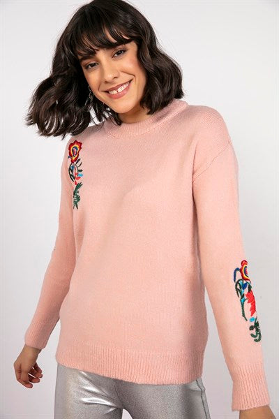 Women's Embroidered Tricot Powder Rose Sweater