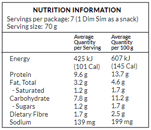 Be Fit Dim Sim Nutritional Panel