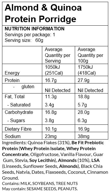 almond quinoa protein porridge nutrition panel