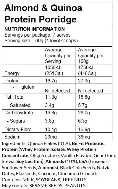 almond quinoa protein porridge 7 serve nutrition panel