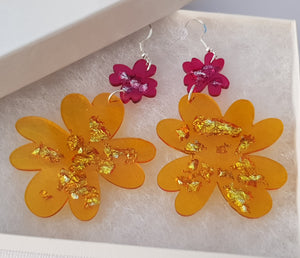 Frida Double Flower Dangles - Yellow with Crimson Tops
