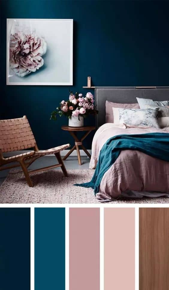 calming blue beige pink brown bedroom style
