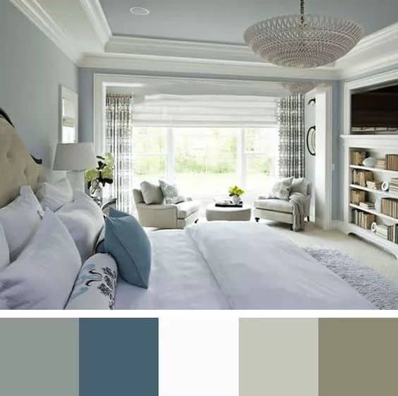 clean pastel grey blue white grey bedroom